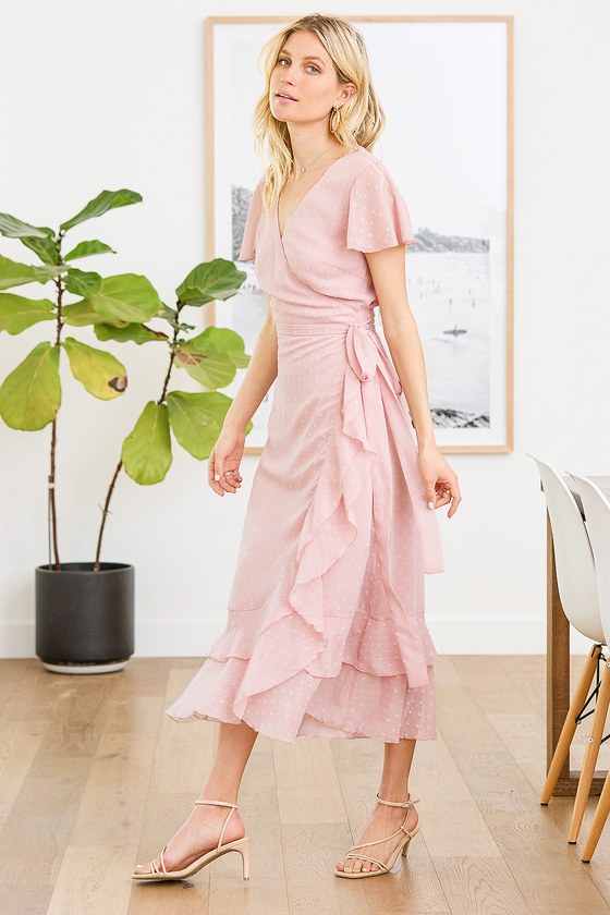 Blush Pink Dress - Dotted Dress - Ruffled Midi Dress - Wrap Dress - Lulus